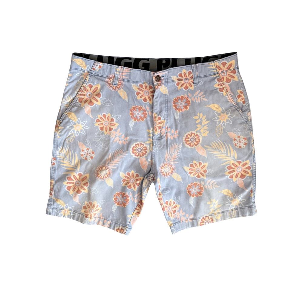 Plugg Mens Floral Shorts Size 38 Blue Coral Floral Zip Up Pockets Cotton Bermuda